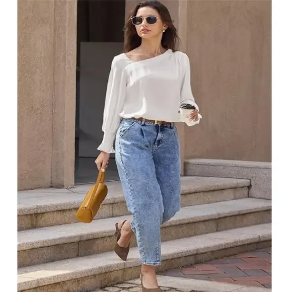 EVALESS Blouses for Women Dressy Casual Pleated Long Sleeve Tops Asymmetrical (S - Picture 3 of 5